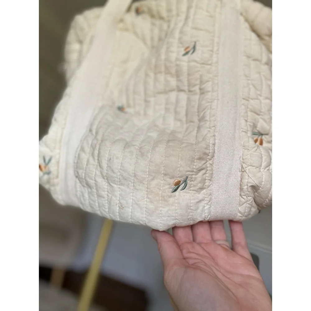 Quilted Embroidered Diaper Tote Bag Neutral Cream Ditsy Floral Cottagecore Baby